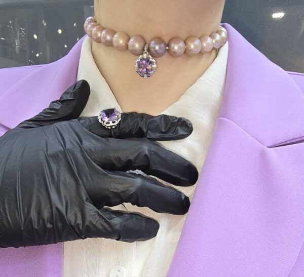Гарнитур Pearl amethyst - колье, пуссеты и кольцо